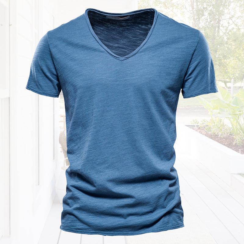 T-shirt col V uni en coton flammé