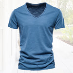 T-shirt col V uni en coton flammé