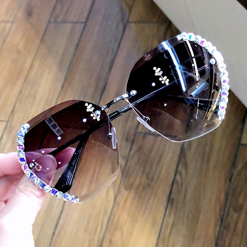 Lunettes de Soleil Vintage à la Mode en Strass sans Monture